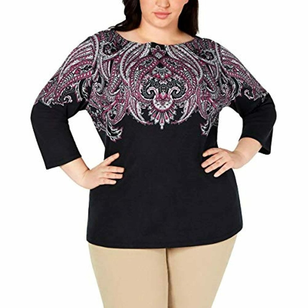 Karen Scott Pritned Boatneck Blouse Color Navy Blue